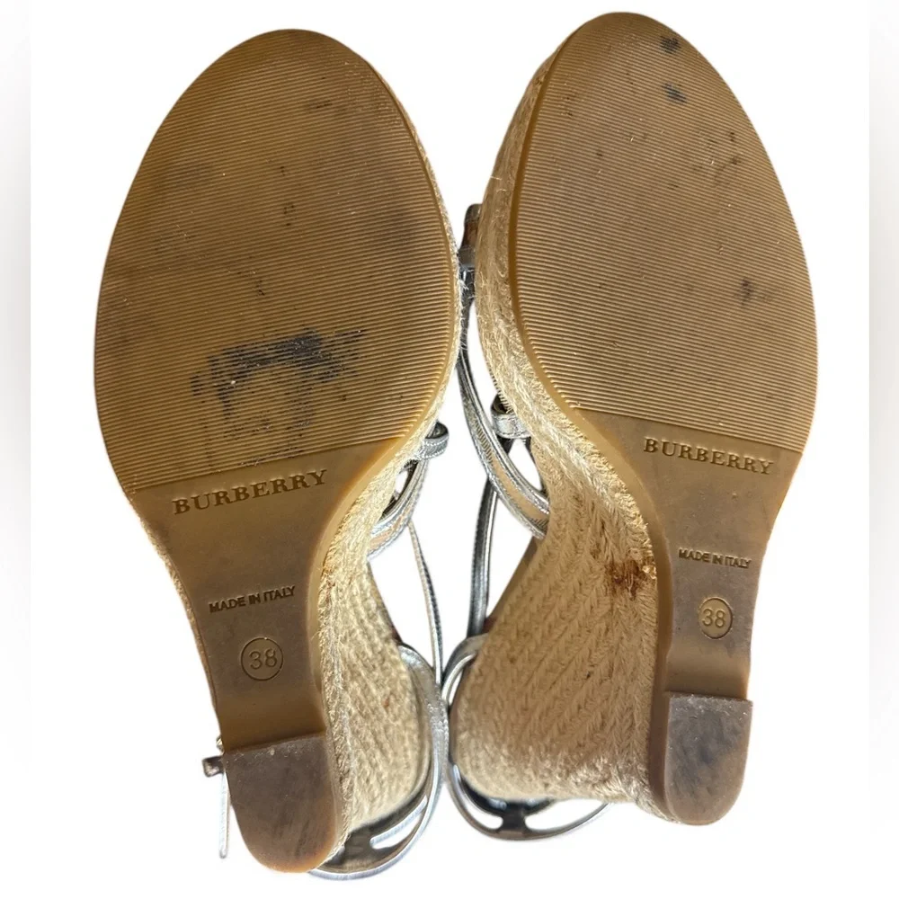 Burberry Silver Plaid Leather Espadrilles Sandals Platform Shoes Size 38 5” Heel